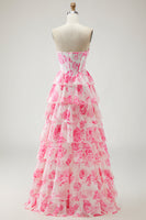 Load image into Gallery viewer, Sparkly White and Pink Corset Tiered Flower Long Prom Dress with Slit