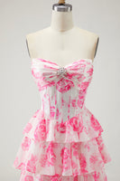 Load image into Gallery viewer, Sparkly White and Pink Corset Tiered Flower Long Prom Dress with Slit
