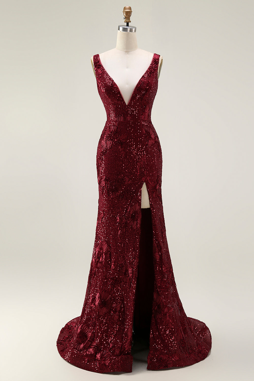 Sparkly Burgundy Mermaid Sequin Long Prom Dress with Slit