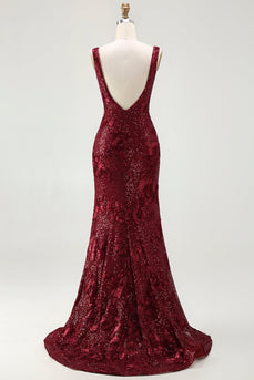 Sparkly Burgundy Mermaid Sequin Long Prom Dress with Slit