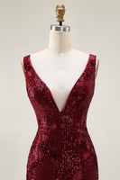 Load image into Gallery viewer, Sparkly Burgundy Mermaid Sequin Long Prom Dress with Slit