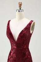 Load image into Gallery viewer, Sparkly Burgundy Mermaid Sequin Long Prom Dress with Slit