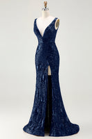 Load image into Gallery viewer, Sparkly Navy Sequin Mermaid Long Prom Dress with Slit