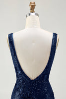 Load image into Gallery viewer, Sparkly Navy Sequin Mermaid Long Prom Dress with Slit