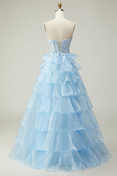 Sparkly Blue Strapless Ruffled Maxi Corset Prom Dress
