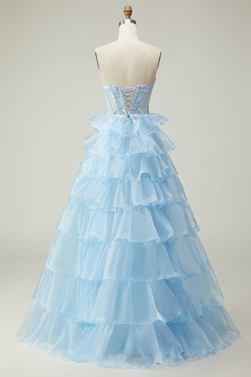 Load image into Gallery viewer, Sparkly Blue Strapless Ruffled Maxi Corset Prom Dress