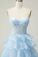 Load image into Gallery viewer, Sparkly Blue Strapless Ruffled Maxi Corset Prom Dress