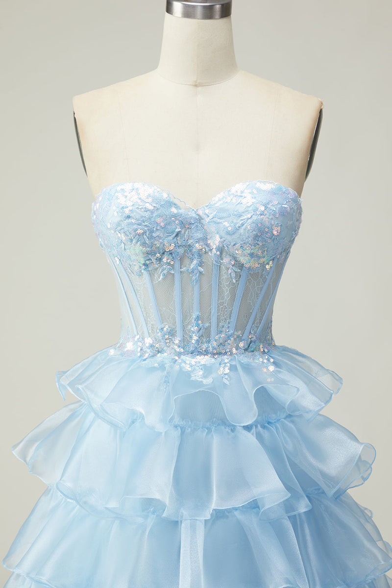 Load image into Gallery viewer, Sparkly Blue Strapless Ruffled Maxi Corset Prom Dress