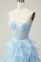 Load image into Gallery viewer, Sparkly Blue Strapless Ruffled Maxi Corset Prom Dress