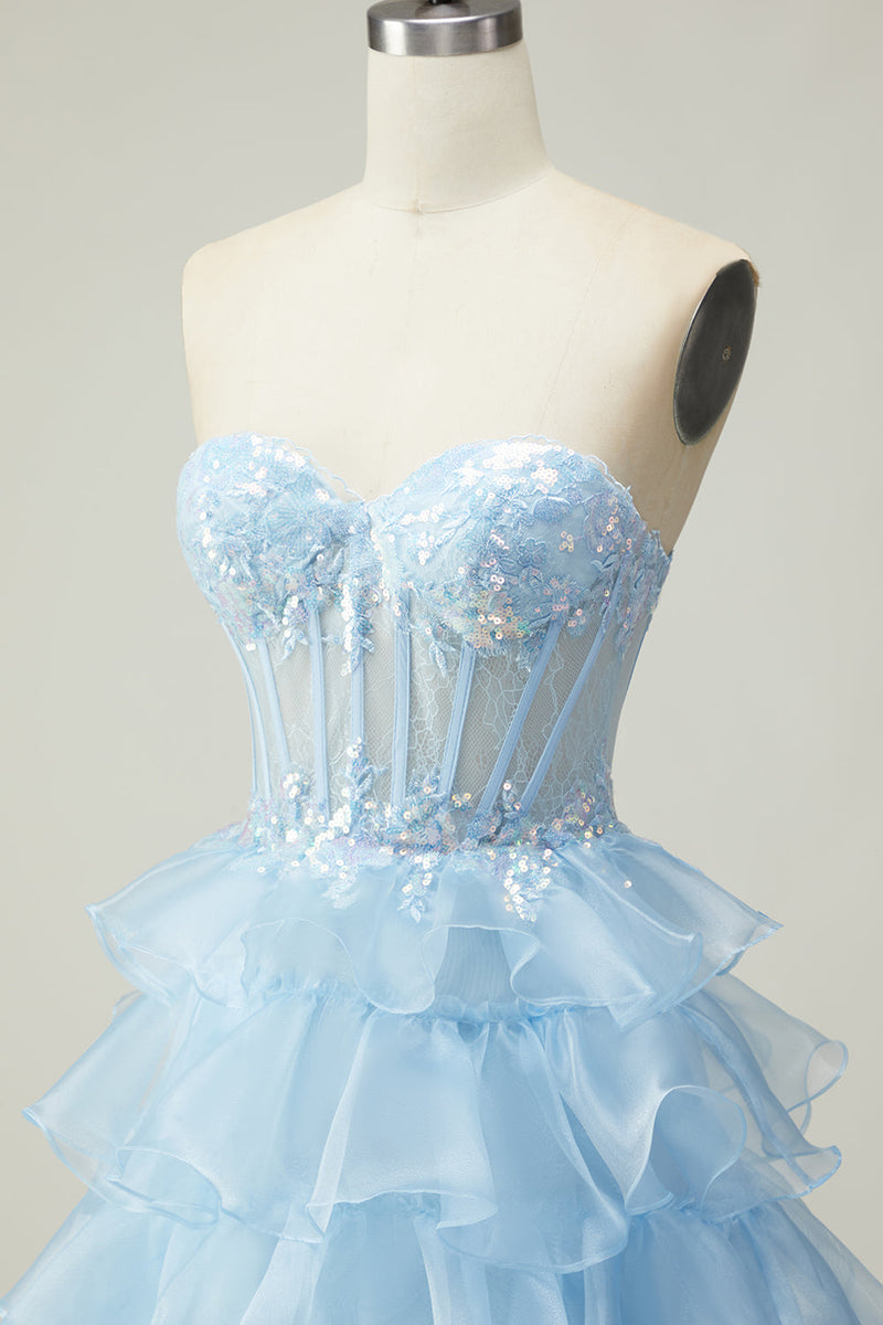 Load image into Gallery viewer, Sparkly Blue Strapless Ruffled Maxi Corset Prom Dress