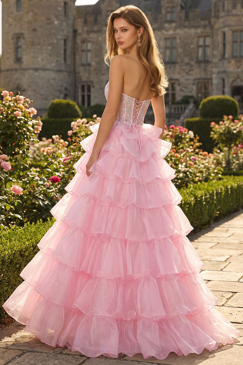 Load image into Gallery viewer, Sparkly Pink Ruffled Long Strapless Corset Prom Dress