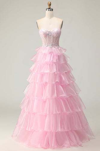 Sparkly Pink Ruffled Long Strapless Corset Prom Dress