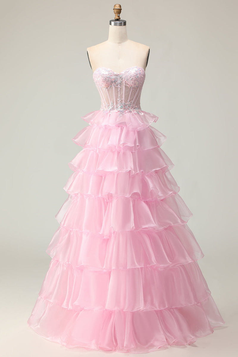 Load image into Gallery viewer, Sparkly Pink Ruffled Long Strapless Corset Prom Dress