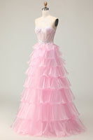 Load image into Gallery viewer, Sparkly Pink Ruffled Long Strapless Corset Prom Dress