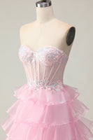 Load image into Gallery viewer, Sparkly Pink Ruffled Long Strapless Corset Prom Dress