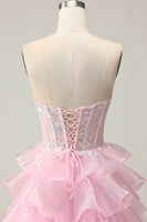 Load image into Gallery viewer, Sparkly Pink Ruffled Long Strapless Corset Prom Dress