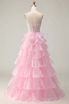 Sparkly Pink Ruffled Long Strapless Corset Prom Dress