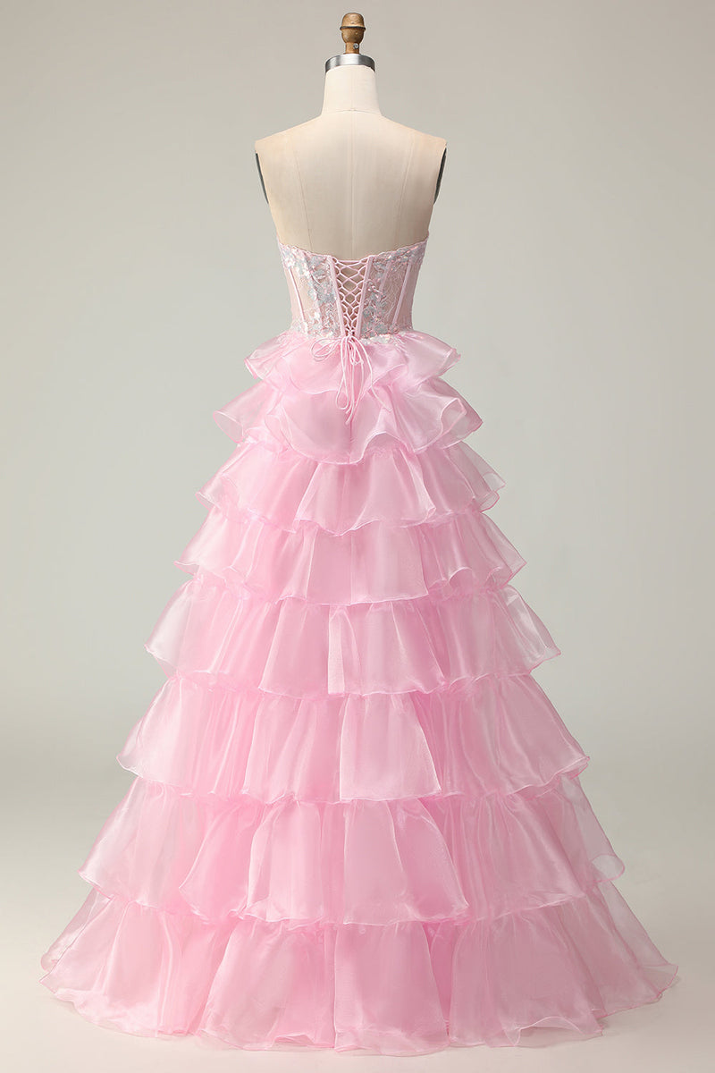 Load image into Gallery viewer, Sparkly Pink Ruffled Long Strapless Corset Prom Dress