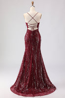 Load image into Gallery viewer, Sparkly Burgundy Sequins Long Mermaid Prom Dress with Slit
