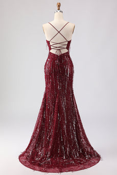 Sparkly Burgundy Sequins Long Mermaid Prom Dress with Slit