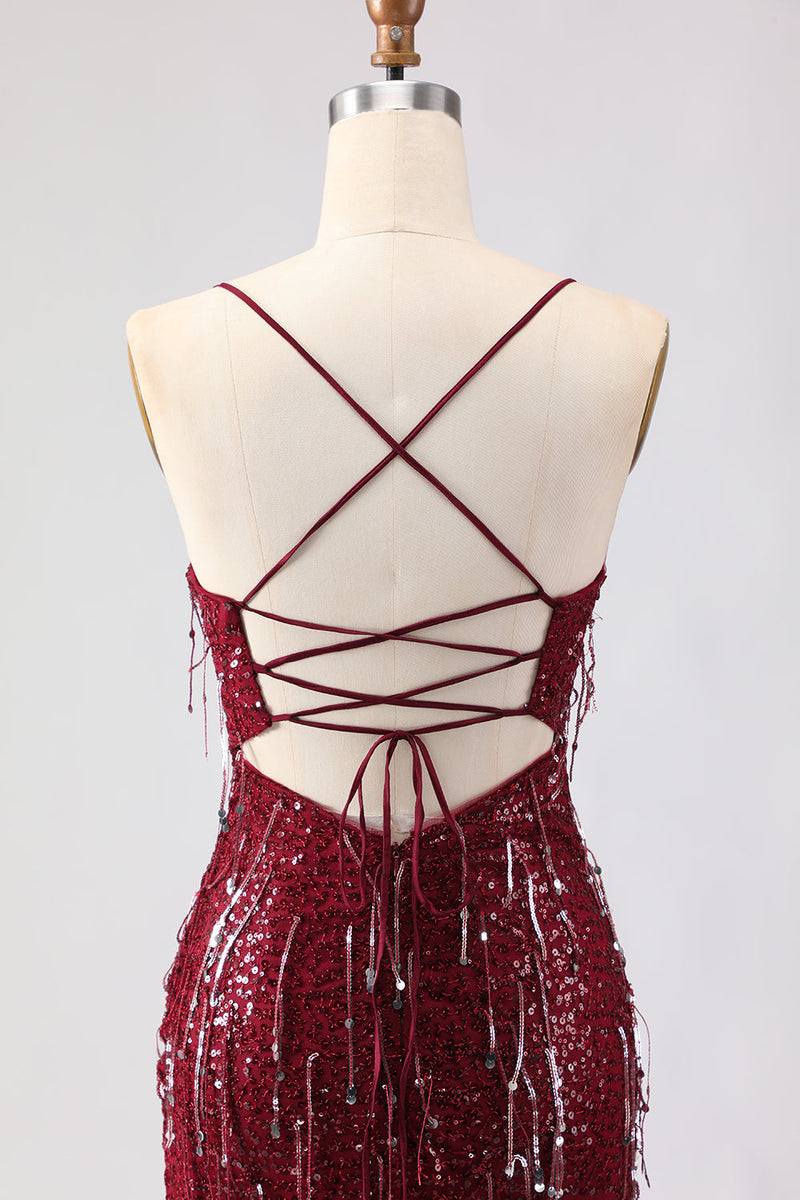 Load image into Gallery viewer, Sparkly Burgundy Sequins Long Mermaid Prom Dress with Slit