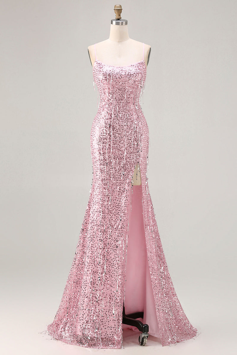 Load image into Gallery viewer, Sparkly Pink Mermaid Long Sequin Prom Dress with Slit