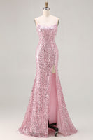 Load image into Gallery viewer, Sparkly Burgundy Sequins Long Mermaid Prom Dress with Slit