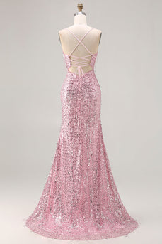 Sparkly Pink Mermaid Long Sequin Prom Dress with Slit