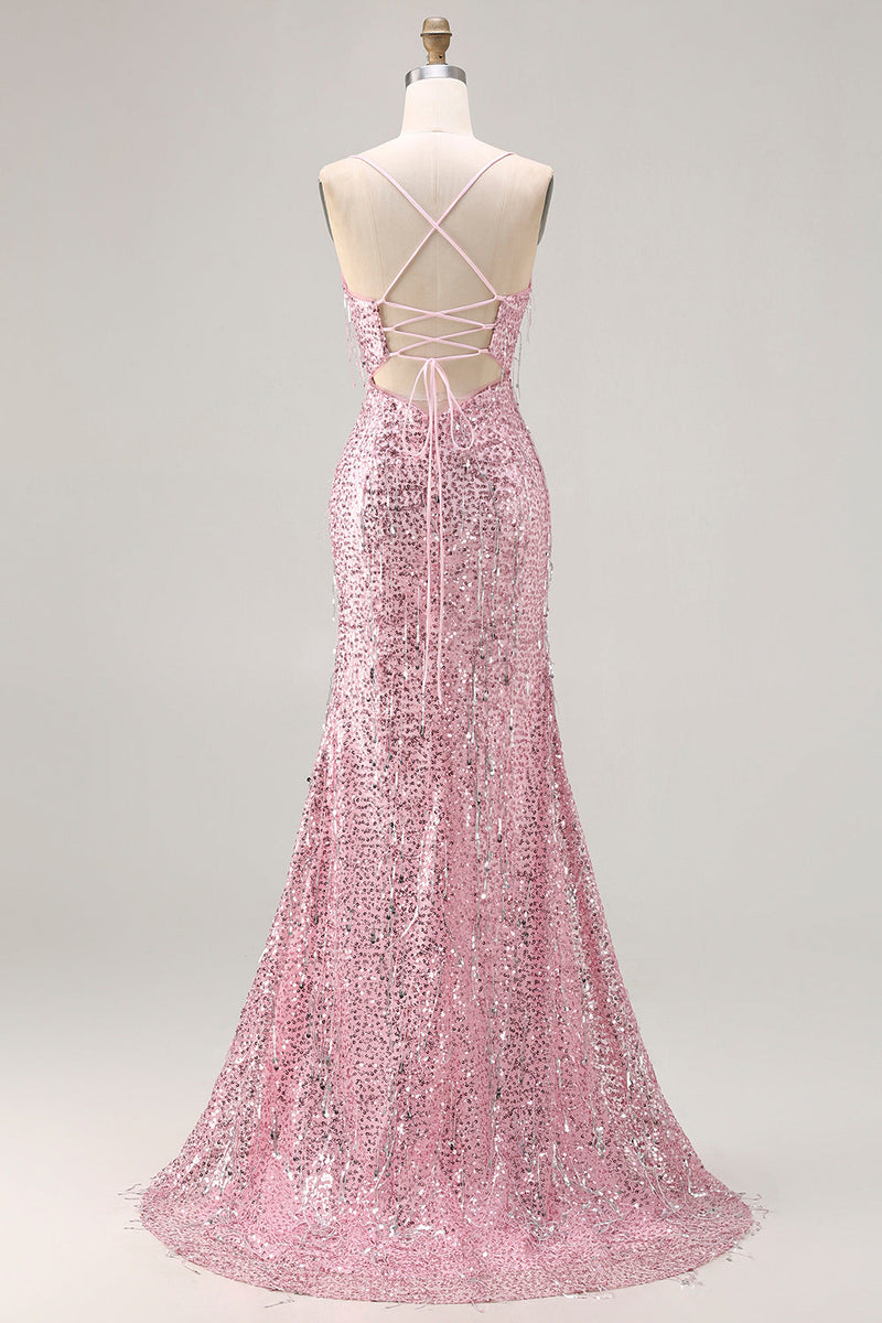 Load image into Gallery viewer, Sparkly Pink Mermaid Long Sequin Prom Dress with Slit