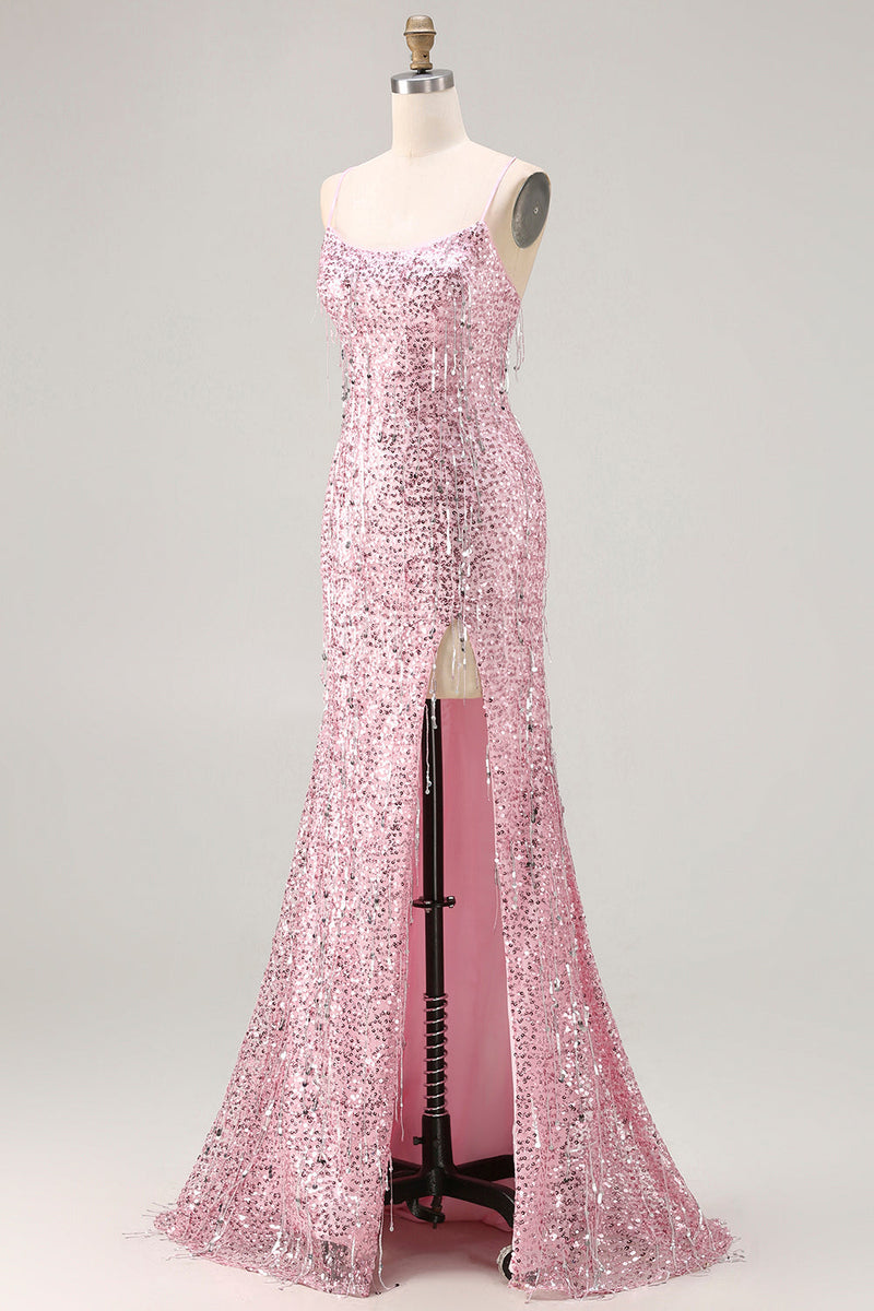 Load image into Gallery viewer, Sparkly Pink Mermaid Long Sequin Prom Dress with Slit