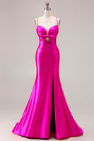 Load image into Gallery viewer, Fuchsia Satin Spaghetti Straps Mermaid Long Prom Dress with Slit
