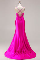 Load image into Gallery viewer, Fuchsia Satin Spaghetti Straps Mermaid Long Prom Dress with Slit