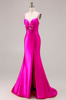 Load image into Gallery viewer, Fuchsia Satin Spaghetti Straps Mermaid Long Prom Dress with Slit