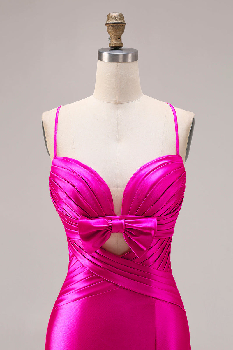 Load image into Gallery viewer, Fuchsia Satin Spaghetti Straps Mermaid Long Prom Dress with Slit