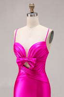 Load image into Gallery viewer, Fuchsia Satin Spaghetti Straps Mermaid Long Prom Dress with Slit