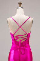 Load image into Gallery viewer, Fuchsia Satin Spaghetti Straps Mermaid Long Prom Dress with Slit