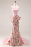 Load image into Gallery viewer, Sparkly Pink Floral Strapless Mermaid Long Corset Prom Dress with Cape