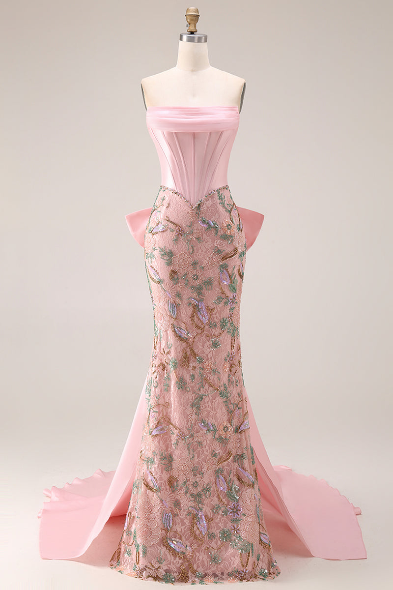 Load image into Gallery viewer, Sparkly Pink Floral Strapless Mermaid Long Corset Prom Dress with Cape
