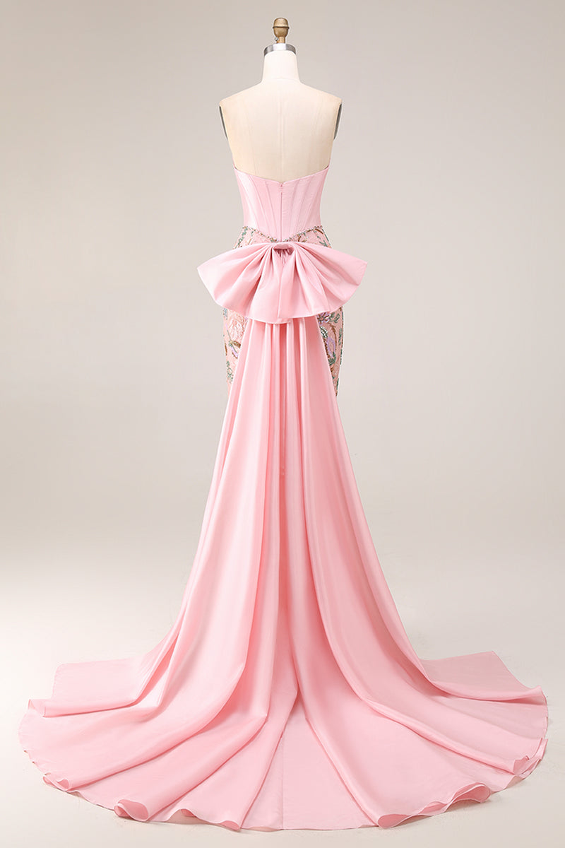Load image into Gallery viewer, Sparkly Pink Floral Strapless Mermaid Long Corset Prom Dress with Cape