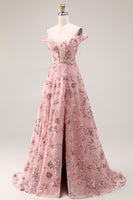 Load image into Gallery viewer, Purple A Line Floral Off the Shoulder Long Prom Dress with Sequins