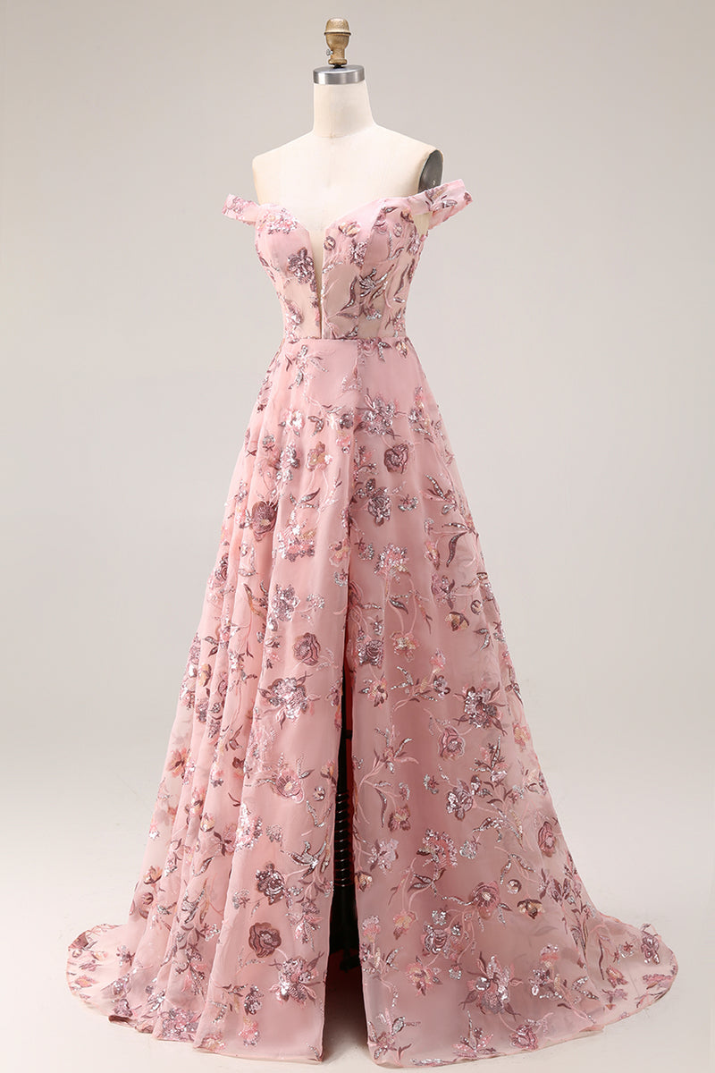 Load image into Gallery viewer, Purple A Line Floral Off the Shoulder Long Prom Dress with Sequins