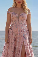 Load image into Gallery viewer, Purple Plus Size A Line Off the Shoulder Floral Long Prom Dress with Sequins