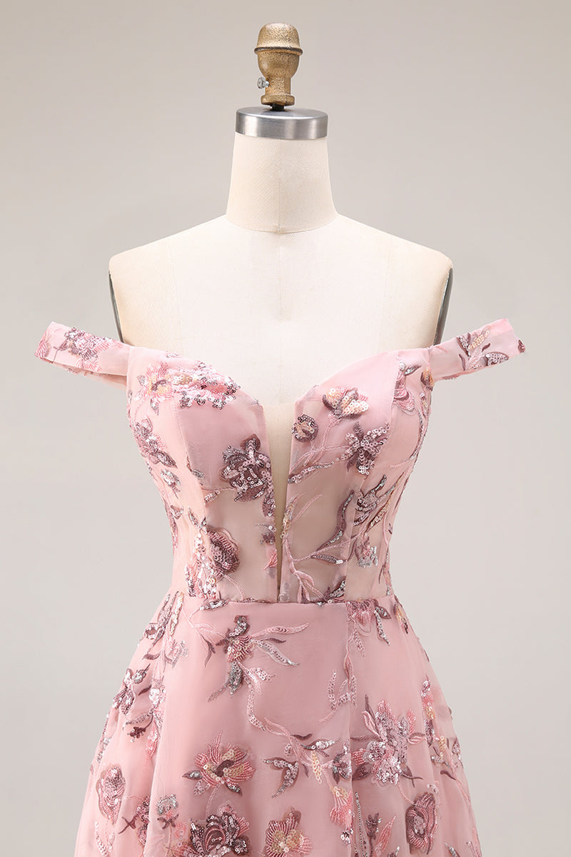 Load image into Gallery viewer, Purple A Line Floral Off the Shoulder Long Prom Dress with Sequins