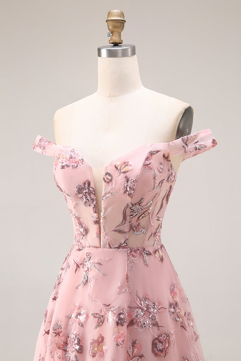 Load image into Gallery viewer, Purple A Line Floral Off the Shoulder Long Prom Dress with Sequins
