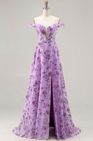 Load image into Gallery viewer, Purple A Line Floral Off the Shoulder Long Prom Dress with Sequins