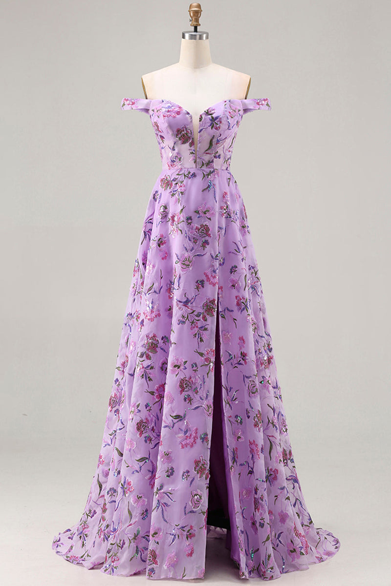 Load image into Gallery viewer, Purple A Line Floral Off the Shoulder Long Prom Dress with Sequins