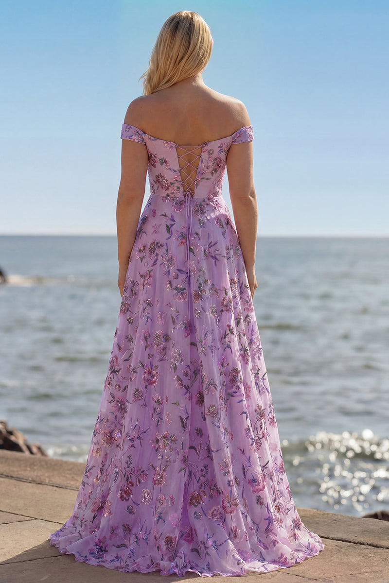 Load image into Gallery viewer, Purple Plus Size A Line Off the Shoulder Floral Long Prom Dress with Sequins