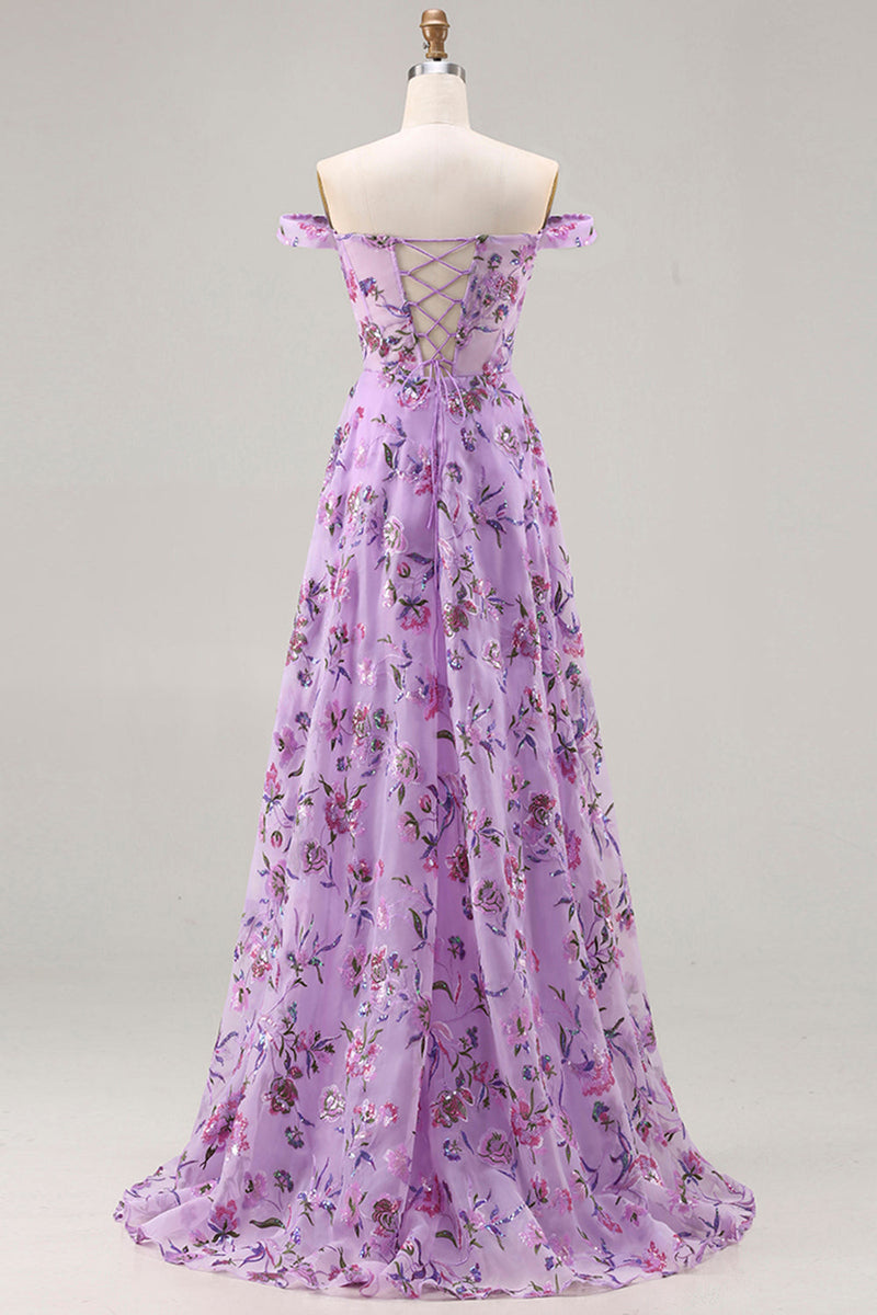 Load image into Gallery viewer, Purple A Line Floral Off the Shoulder Long Prom Dress with Sequins