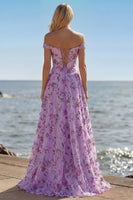 Load image into Gallery viewer, Purple Plus Size A Line Off the Shoulder Floral Long Prom Dress with Sequins