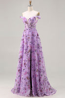 Load image into Gallery viewer, Purple A Line Floral Off the Shoulder Long Prom Dress with Sequins